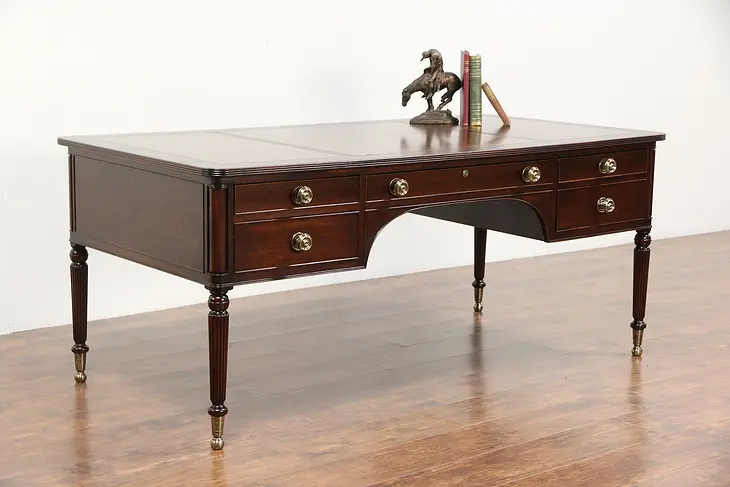 Traditional Mahogany Vintage Library Desk, Leather Top, Signed Kittinger
