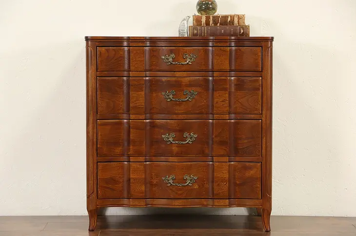 Country French 1940's Vintage Elm Chest or Dresser, Tooled Leather Top