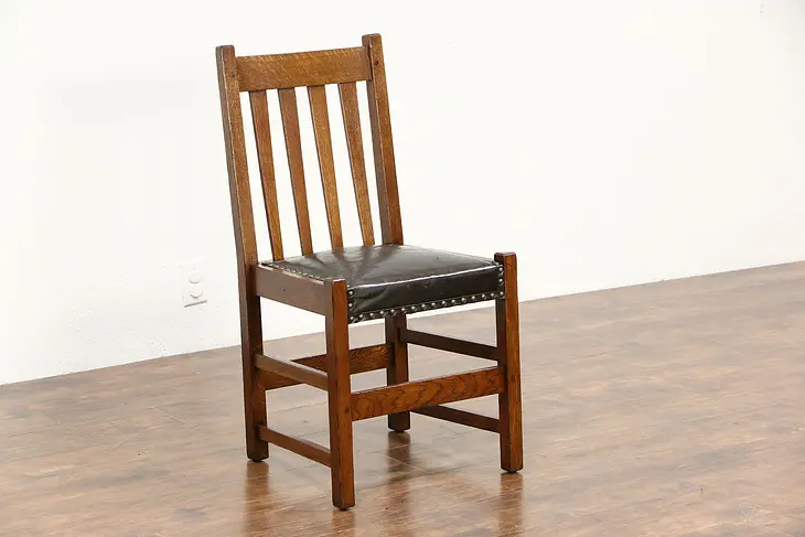 Arts & Crafts Mission Oak Antique Desk or Side Chair, Original Leather