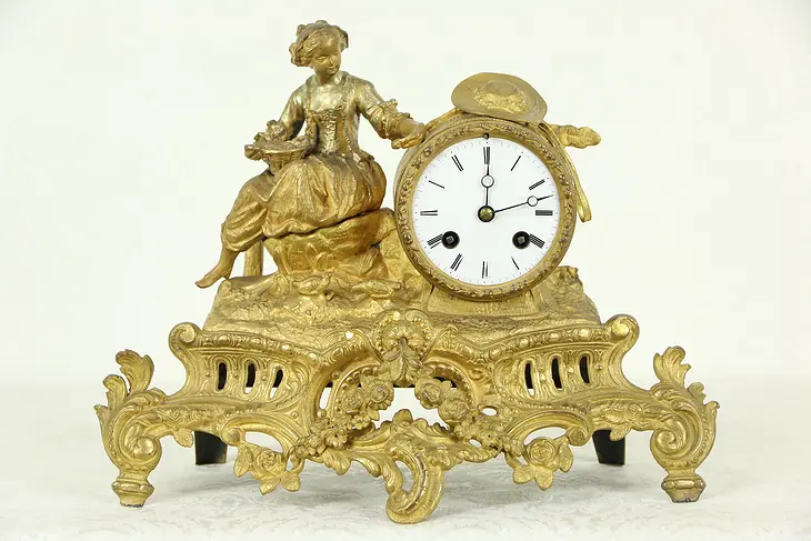 French Antique Bronze Clock, Sculpture of Girl Feeding Chicks, Signed Mourey