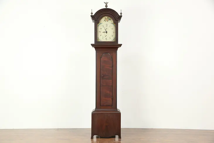 Grained Pine 1840 Antique Grandfather Long Case Clock, Quartz Battery Movement