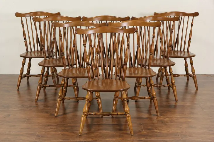 Heywood Wakefield Signed Set of 8 Windsor Vintage Maple Dining Chairs