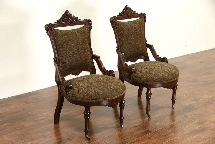 Pair of Victorian Renaissance 1875 Antique Chairs, Carved Heads, New Upholstery