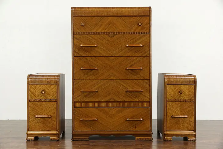 Art Deco Highboy and Matching Pair of Nightstands