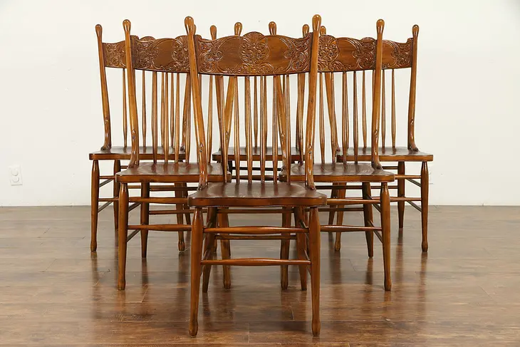Set of 6 Victorian Antique Press Back Carved Oak Dining Chairs #30884
