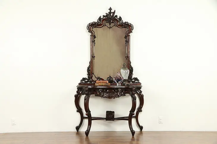 Mahogany Vintage Hall Console Table & Mirror, Grape Carved #31648