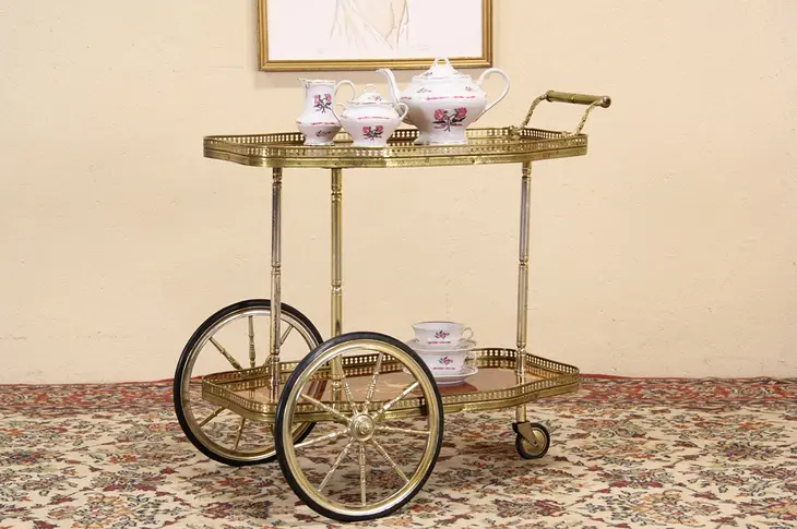 Italian Marquetry Dessert Cart or Beverage Trolley, Three Wheel
