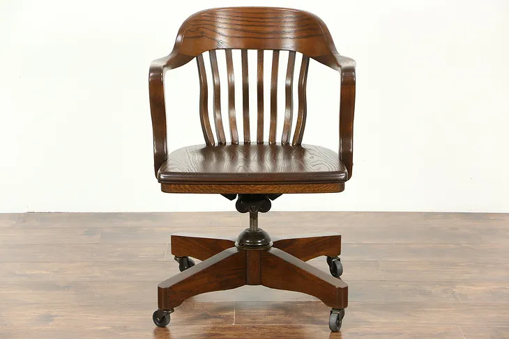 Oak Swivel Adjustable 1950's Vintage Desk Chair, Signed Jasper