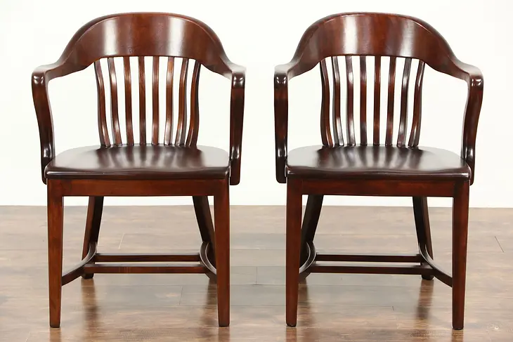 Pair of 1910 Antique Birch Hardwood Banker, Desk or Office Chairs No. 2