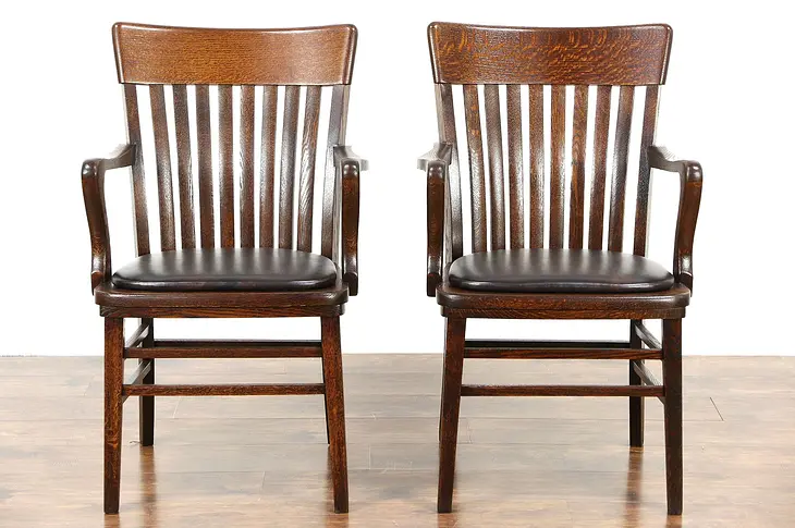 Pair 1910 Antique Oak Banker or Office Chairs, Leather Seats