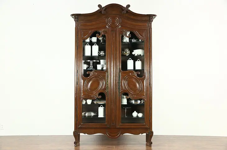 Country French 1800 Antique Oak Curio or China Display Cabinet, Beveled Glass