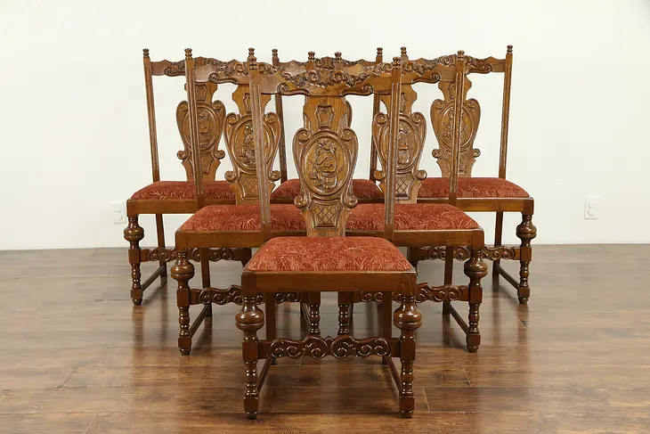 Set of 6 Antique Carved Oak Rathskeller Scandinavian Dining Chairs #31207