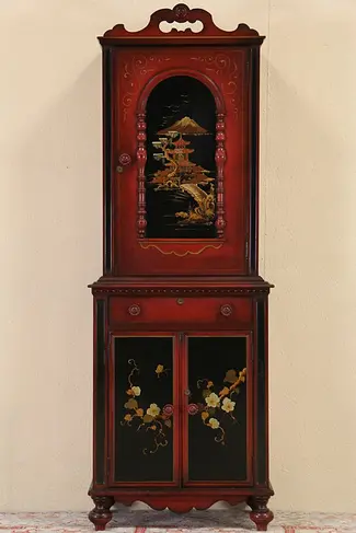 Chinese Style 1920 Antique lacquer & Painted Cabinet