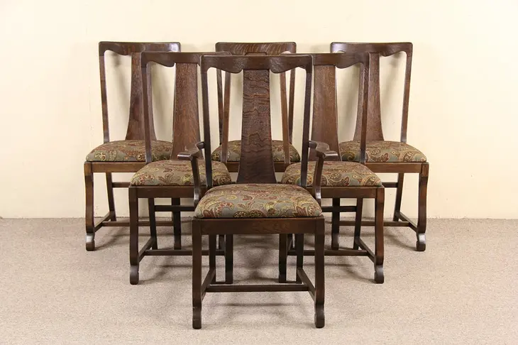 Set of 6 Oak 1900 Antique Dining Chairs, Newly Upholstered