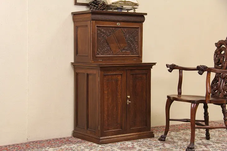 Oak 1870 Antique Cabinet Desk, Hand Carved Book Panel