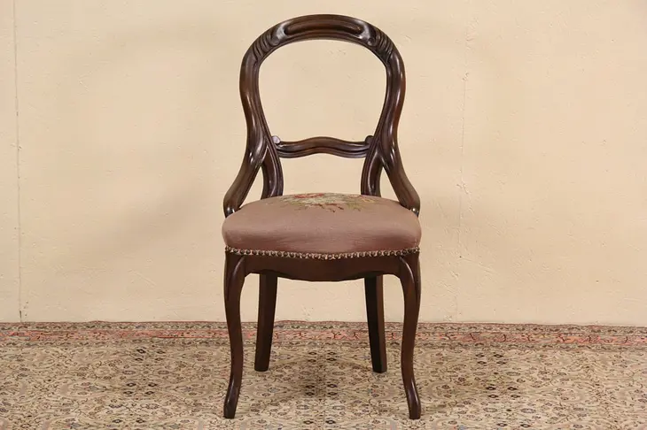 Victorian 1865 Antique Carved Walnut Chair, Needlepoint Upholstery