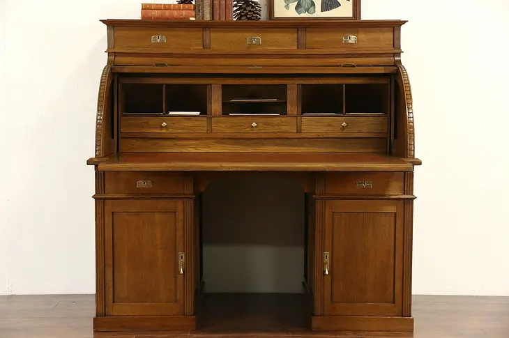 Oak 1900 Antique German Roll Top Cylinder Desk, Pull Out Leather Top