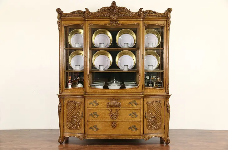 Oak Victorian Carved 1910 Antique China Display Cabinet, Wavy Glass & Mirrors