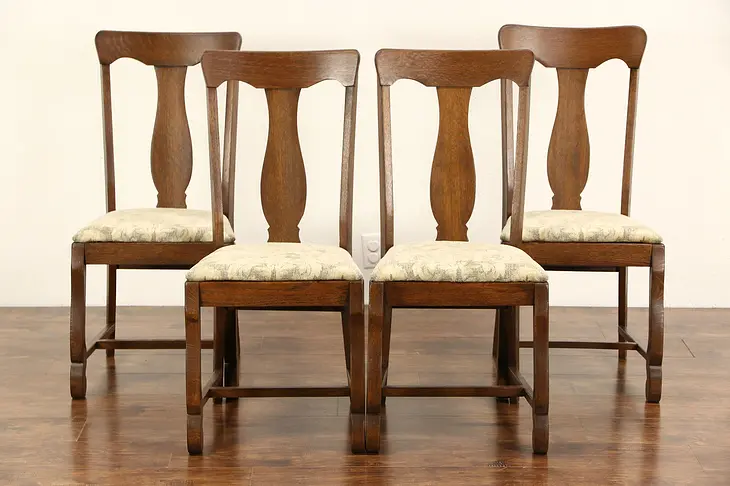 Set of 4 Antique 1900 Oak Dining or Game Table Chairs, New Upholstery