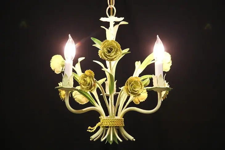 Wrought Painted 1960 Vintage 3 Candle Chandelier, Flowers
