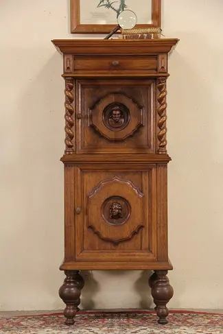 Oak 1900 Antique Scandinavian Cabinet, Carved Heads, Spiral Columns