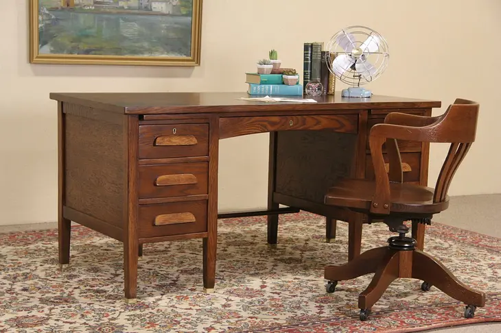 Oak 1925 Antique Desk, File Drawer, Brass Feet