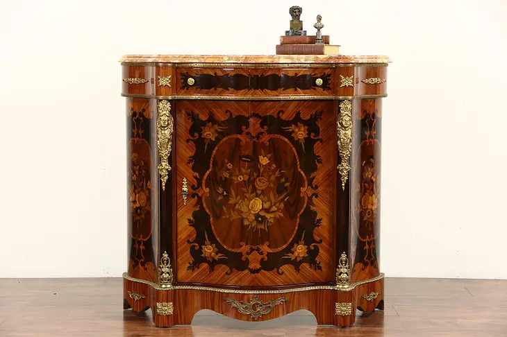 Italian Rosewood Marquetry Marble Top Vintage Console Cabinet, Brass Mounts