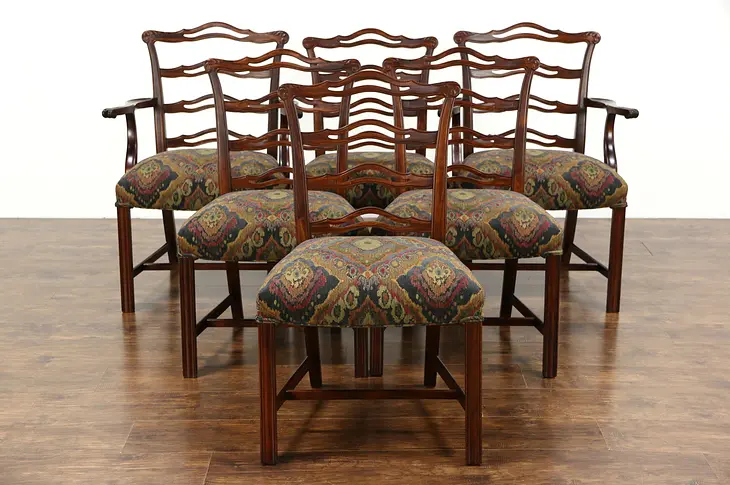 Set of 6 Traditional 1950 Vintage Dining Chairs, New Upholstery