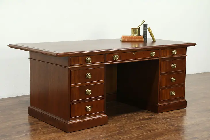 Traditional Vintage Executive or Library Desk, Tooled Leather, Signed Kittinger