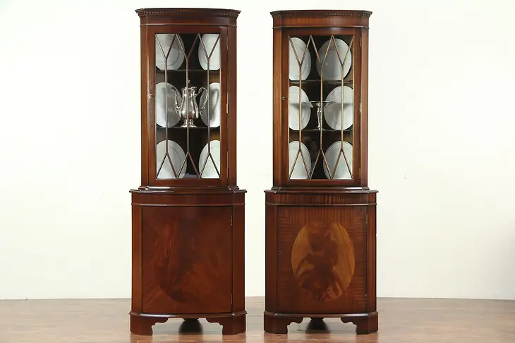 Pair Traditional Mahogany Vintage Corner Cabinets or Cupboards, England #29177