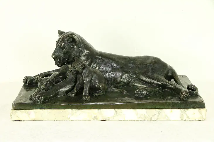 Bronze French Antique Sculpture of Lion & Cubs, Statue Signed Piot #30360