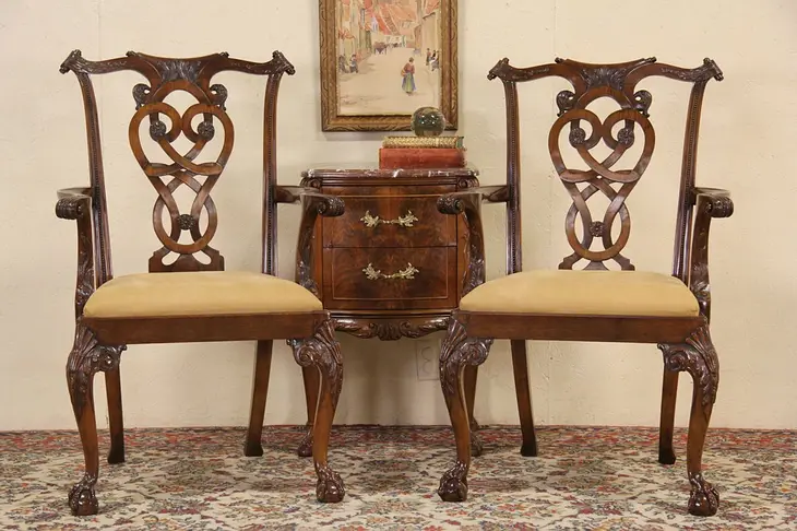 Pair Maitland Smith Irish Chippendale Vintage Carved Chairs