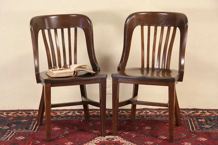 Pair of Oak Antique 1910 Banker Side Chairs, Marble Chair Co of Bedford, OH