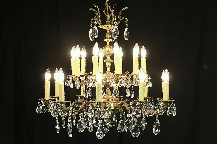 Embossed Brass & Cut Crystal 20 Light Candle Vintage Chandelier
