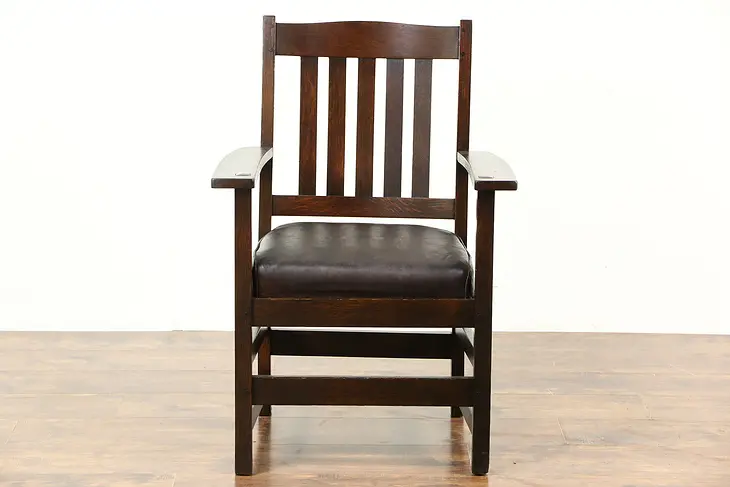 Arts & Crafts Mission Oak 1905 Antique Craftsman Chair, Original Leather