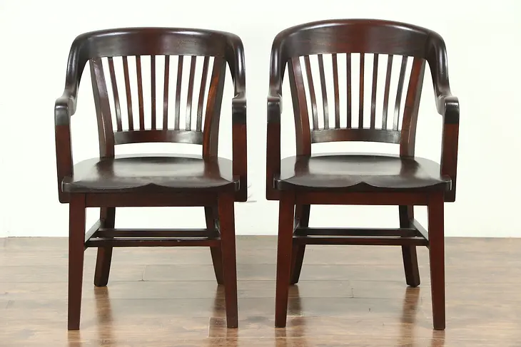 Pair Antique Mahogany 1910 Library or Office Chairs, 1 Taller, Signed Milwaukee