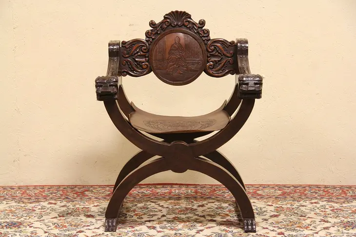 Spanish Colonial Hand Carved Chair, Embossed Leather Seat