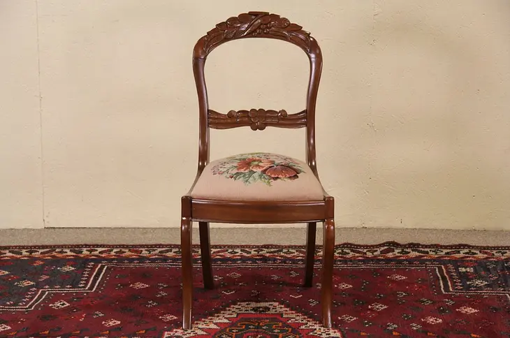 Victorian 1850 Antique Carved Desk or Side Chair, Beige Needlepoint