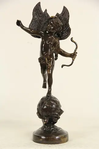 Cupid Angel Bronze Sculpture, Vintage Statue with Bow on Globe