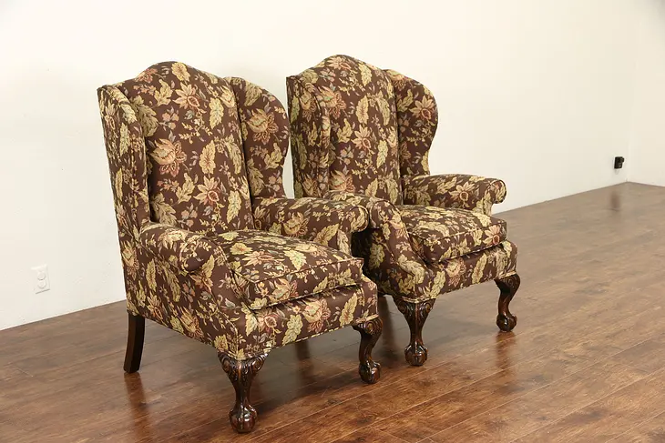 Pair Traditional Georgian Style Vintage Wing Chairs, New Upholstery
