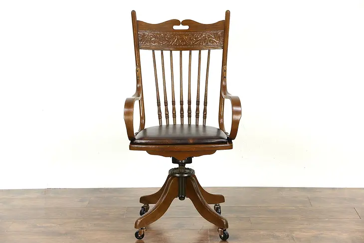 Victorian Swivel Antique Adjustable 1910 Ash & Oak Desk Chair, Leather Seat