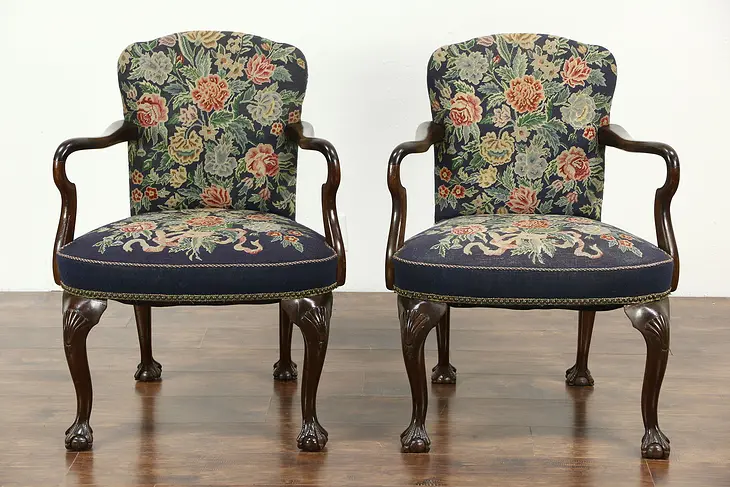 Pair of 1920's Carved Antique Georgian Chairs with Arms, Needlepoint Upholstery