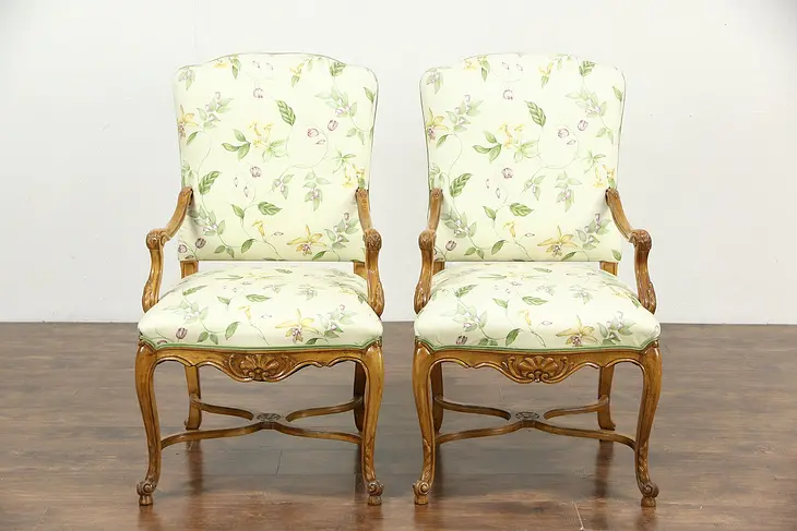 Pair of Country French Carved Beech Chairs, Newly Upholstered