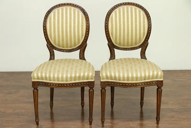 French Louis XVI Antique Pair Carved Fruitwood Side Chairs  #30653