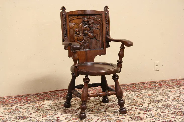 Oak Carved 1900 Antique Armchair, Rathskeller Scene