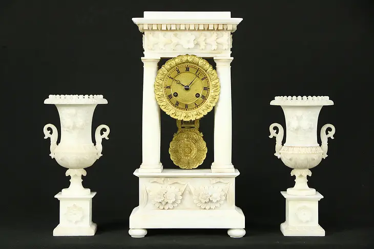 French Hand Carved Alabaster & Bronze 3 Pc. Antique 1840 Mantel Clock Set