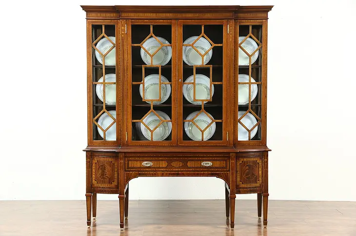 Berkey & Gay Signed 1920's Vintage China Curio Display Cabinet, Inlaid Marquetry
