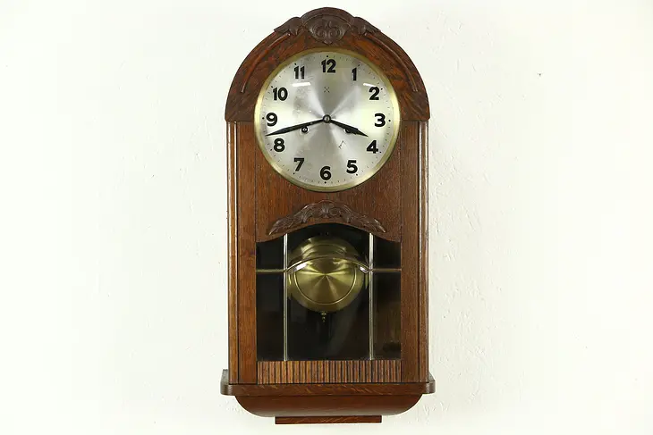 Junghans Oak German 1910 Antique Wall Clock, Beveled Leaded Glass