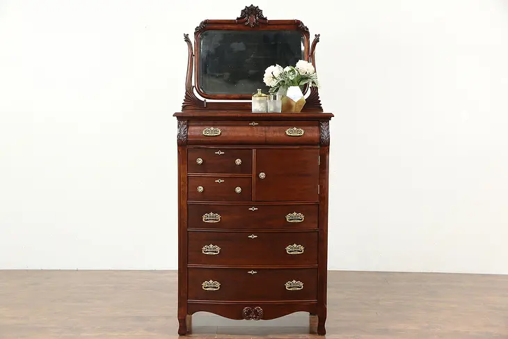 Mahogany Highboy or Antique 1910 Tall Chest, Beveled Mirror