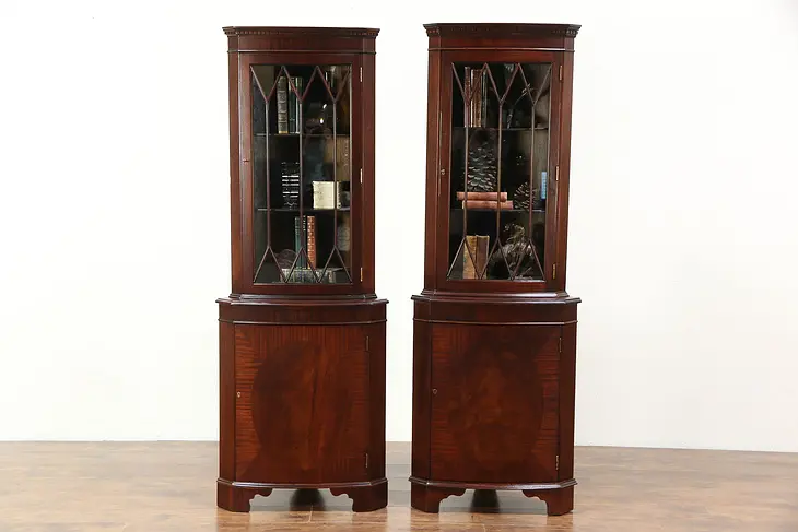 Pair of Curved Mahogany Vintage Corner Cupboards or Cabinets, England